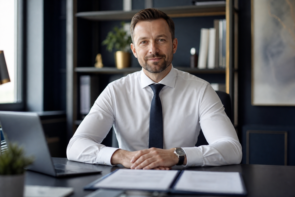 Profesjonalny windykator przy biurku wyjaśniający model success fee w windykacji należności
