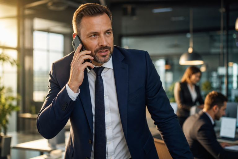 Przedsiębiorca rozmawiający przez telefon o kosztach windykacji należności w modelu success fee