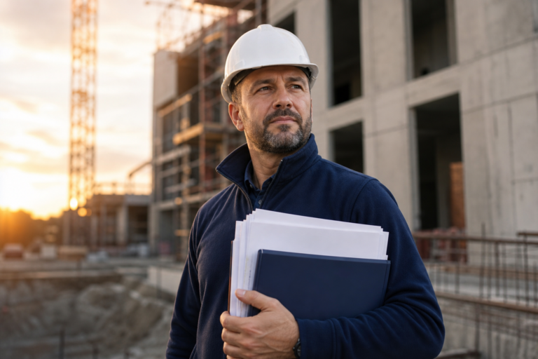 Podwykonawca na placu budowy analizuje dokumenty dotyczące kaucji gwarancyjnej w budownictwie