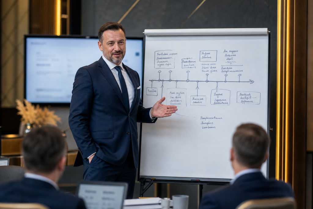 Ekspert windykacji B2B prezentuje przy tablicy strategię przerwania biegu przedawnienia