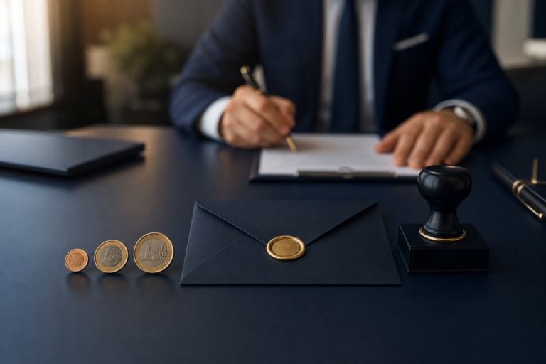 Monety euro i koperta z pieczęcią jako symbol rekompensaty za opóźnienie w płatności B2B