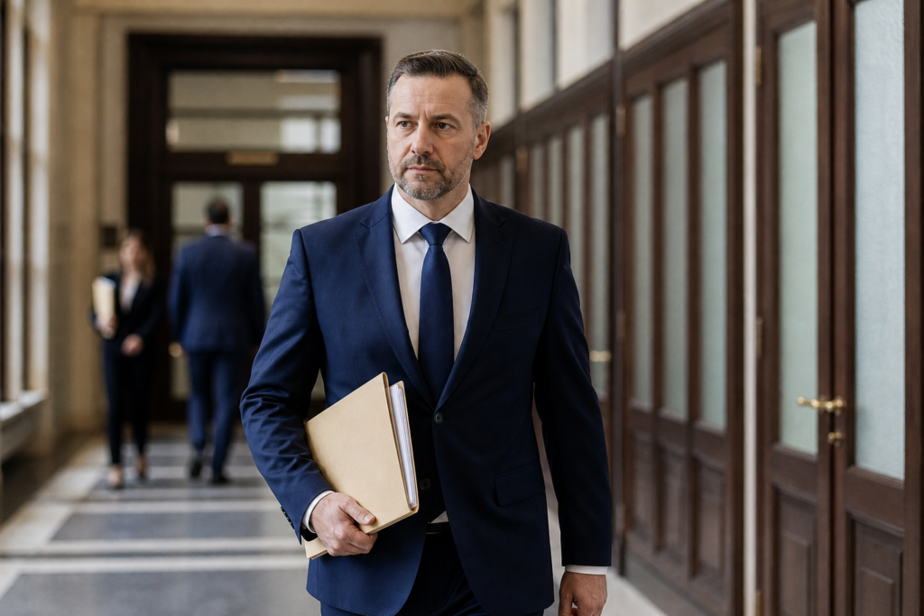 Prawnik idący korytarzem sądowym z dokumentami – kolejne kroki po nakazie zapłaty