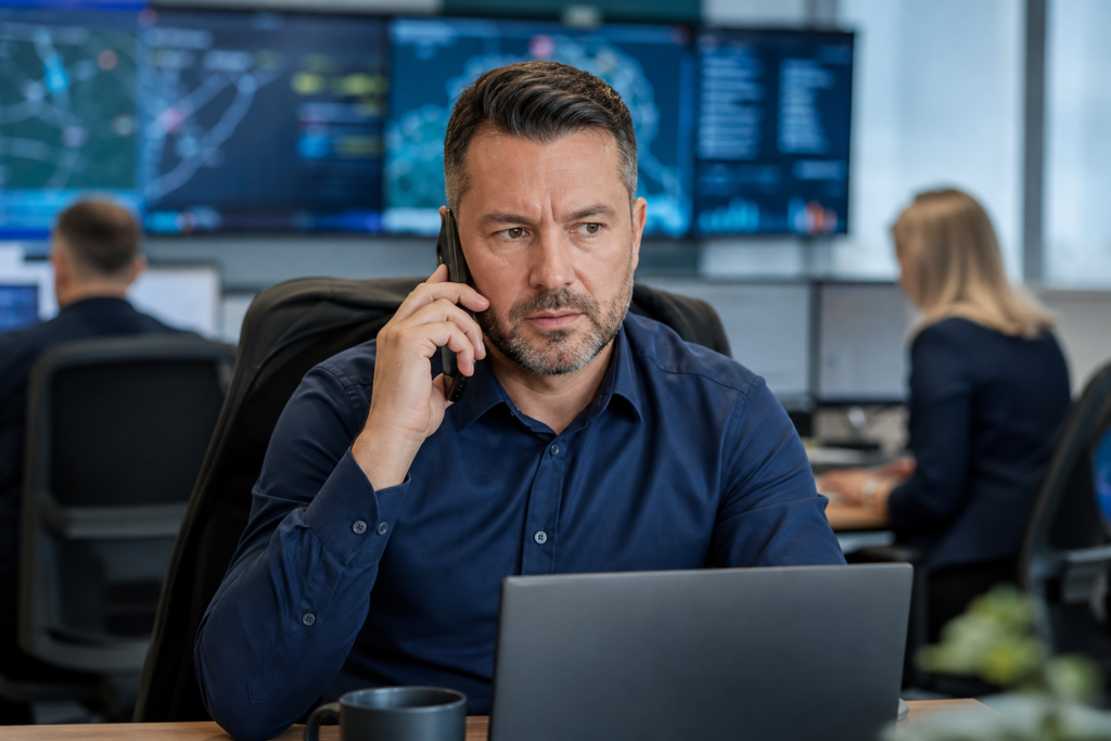 Spedytor rozmawiający przez telefon — windykacja należności w transporcie