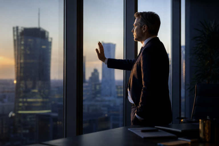 Sylwetka właściciela firmy przy oknie biurowca analizującego koszty windykacji