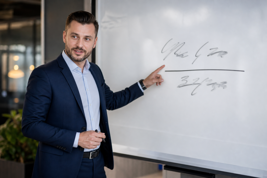 Prezentacja wzoru wskaźnika płynności finansowej na tablicy podczas szkolenia